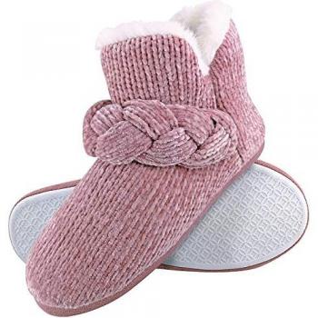 Dunlop Women's Cozy Fleece Plush Slipper Boots in Grey Fairisle and Pink Cord - Size 6 (UK)