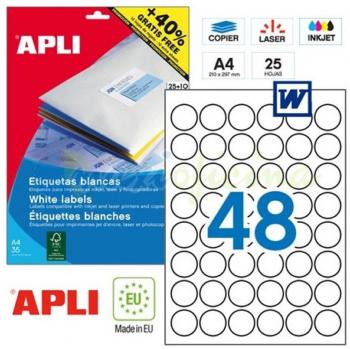 Etiquetas Adhesivas Permanentes Apli 13882, Blancas, Ø 30mm, Pack de 25 Hojas
