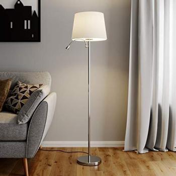 Lindby Benjiro - Lámpara de pie y lámpara de lectura LED moderna en blanco, hecha de textura, tela y seda, para salón y comedor, con 1 bombilla E27