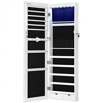 Espejo Joyero Colgante con Luz LED, Montaje en Pared o Puerta, Cuerpo Entero, Iluminación Interior, Regalo Elegante en Color Blanco, 37x9,3x108 cm