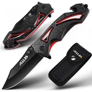 Jellas Cuchillo Plegable de Bolsillo 4-1 Navaja para Hombres y Mujeres 7Cr17 Acero Inoxidable, Cuchillo de Supervivencia de Aluminio y Bolsa de Cinturón, para Pesca, Senderismo, Camping