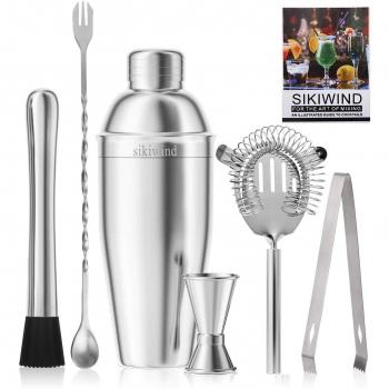sikiwind Coctelera Set de 7 Piezas de Acero Inoxidable Camareros Coctelera de 25 Oz Martini con Jigger de Medición, Cuchara de Mezcla, Bebida Muddle, Coladores y Pinzas de Hielo + Receta de Bebidas