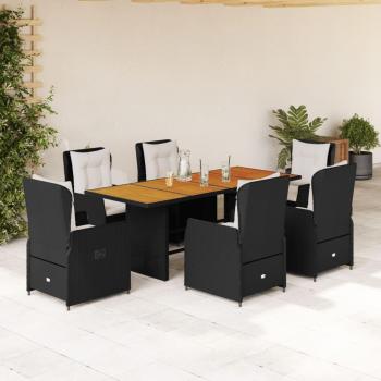 7-Piece Black Poly Rattan Garden Dining Set with Cushions