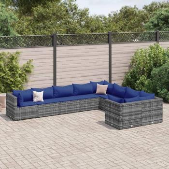 9-Piece Grey Poly Rattan Garden Sofa Set with Cushions