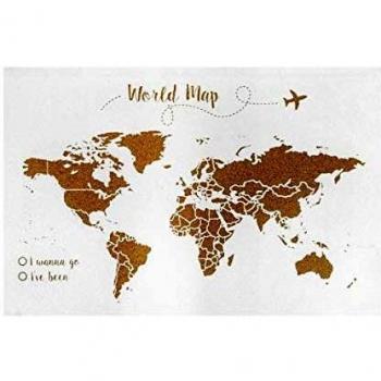 Decowood - Mapa Mundi de Corcho, Pequeño, para Marcar Tus Viajes por el Mundo y Colgar en la Pared, Fondo Blanco - 60x45cm