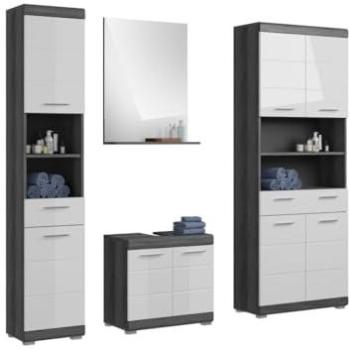 Conjunto de baño Scott – Mueble bajo lavabo, columna, espejo y mueble para lavadora – Gris oscuro y blanco