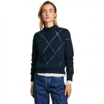 Jersey de mujer Pepe Jeans Idris Perkins azul marino con cuello alto y detalle de rombos, casual, manga larga, algodón