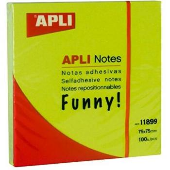 APLI 11899 - Notas adhesivas FUNNY 75 x 75 mm bloc de 100 hojas color verde fluorescente