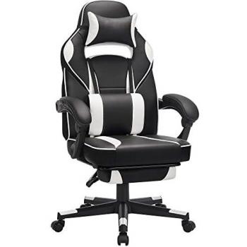 Silla de oficina gaming ergonómica blanca y negra con reposapiés telescópico, respaldo ajustable, reposacabezas y soporte lumbar, capacidad de carga de 150 kg