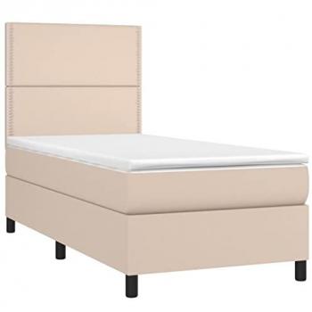 Cama box spring con colchón viscoelástico espuma protector muelles ensacados adaptable reversible cuero sintético capuchino 90x190 cm