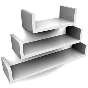SONGMICS Set de 3 Estantes de Pared, Estantes Flotantes, 30/45/60 cm, Acabado Brillante, Decorativos, Creativos, para Habitación, Salón, Cocina, Pasillo, Capacidad de Carga de 15 kg, Blanco LWS66W