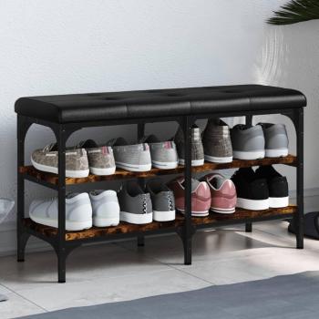 Banco zapatero de madera multicapa en color roble ahumado, dimensiones 82x32x47 cm