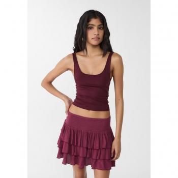 Burgundy Ruffled Mini Skirt with Elastic Waistband XS