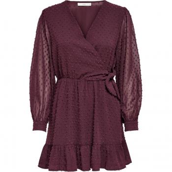 Only Tiva Women's Regular Fit Long Sleeve Wrap Dress in Dark Red