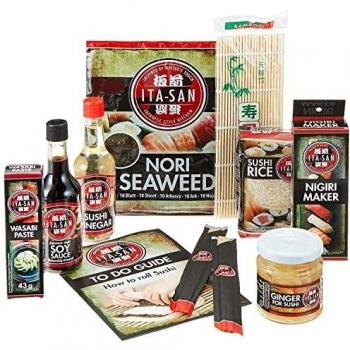 Ita San - Sushi Maker Ita San, Kit de elaboración de sushi con moldes y utensilios, incluye cuchillo, esterilla de bambú, recipientes para arroz y guías para rollos