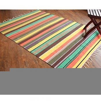 Alfombra de tejido reversible tejido 100% algodón orgánico con tintes vegetales. Estampado a rayas multicolor. Tapete. Medidas: 150x210cm