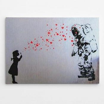 Impresión sobre Lienzo Banksy La Niña y el Astronauta, Poliéster, Madera, Gris, Negro, Rojo, 100x3x70 cm