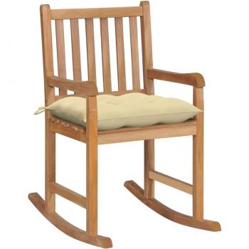 Cream White Cushion Solid Teak Wood Rocking Chair