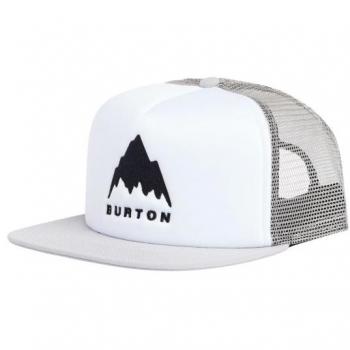 Gorra Trucker Burton I-80 blanca y gris, diseño clásico de camionero, ajuste regulable, material transpirable, logo de Burton en el frente