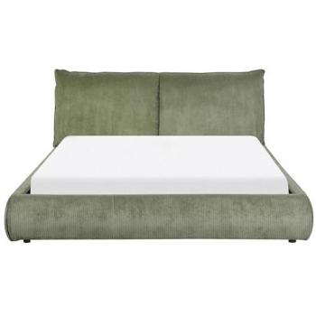 Cama moderna tapizada en pana verde 160 x 200 cm con base de listones y cabecera gruesa acolchada Vinay