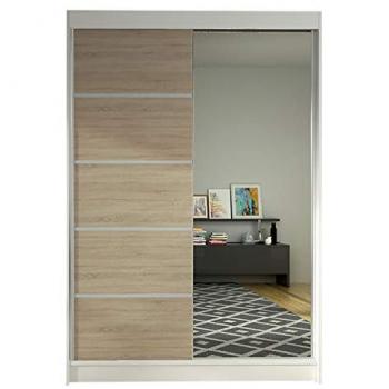 Armario Corredero Atlanta 149 Blanco y Roble Sonoma, 200x120x58cm, con Espejo y 5 Estantes