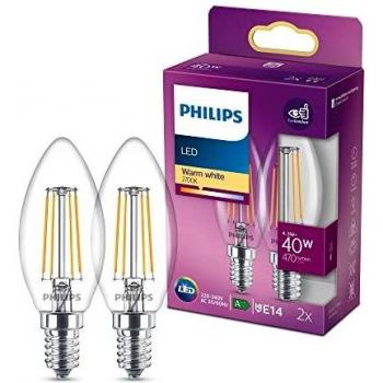 Philips Bombilla LED vela filamento E14 4,3W 2.700K 2 ud