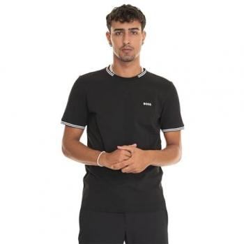 Camiseta de Manga Corta BOSS Taul de Algodón Stretch con Rayas y Logo - Negra - Talla L