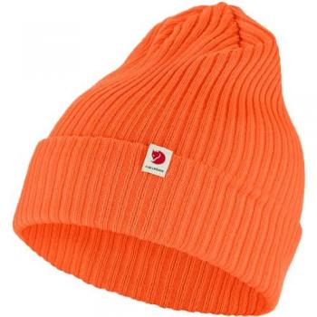 Gorro Fjällräven Rib Naranja - Gorro de invierno, tejido de punto, color naranja, diseño con textura acanalada, logo de Fjällräven bordado