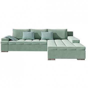 Sofá rinconero Comfivo 113, turquesa, función de descanso, caja de ropa de cama, 310x175x83cm