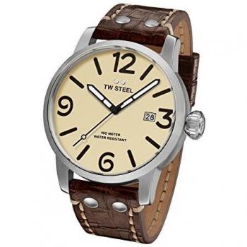 TW Steel Maverick Men's Quartz Watch with Beige Dial Analogue Display and Brown Leather Strap MS22