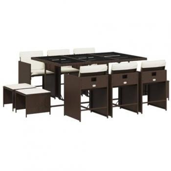 Set Comedor de Jardín 11 Pzas con Cojines de Polyrattan Marrón