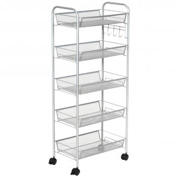 Carrito Auxiliar Multiuso de Servicio Costway con 5 Estantes de Metal, Carro con 4 Ruedas y Ganchos para Cocina y Baño, Color Gris, Dimensiones: 43,5 x 26 x