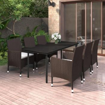 7-Piece Garden Dining Set with Cushions in Poly Rattan and Glass