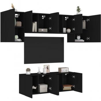 Mueble de TV de pared 6 piezas en madera de ingeniería negro, incluye estantes y espacio para dispositivos multimedia