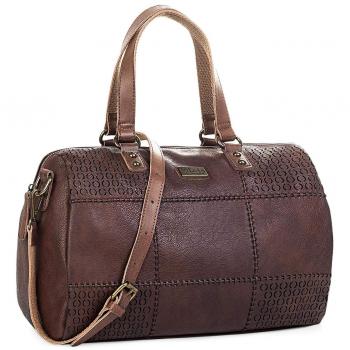 Lois - 96231 Bolso de Mujer Tipo Bowling con Bandolera Ajustable Doble asa con Cremallera. Bolsillos Delante y detrás con Cremallera. Lona y Piel sintética Polipiel, Color Marron