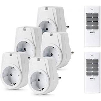 12 Canales Enchufes Inalámbricos Inteligentes con Mando a Distancia con Control Remoto Interruptores a Distancia, Juego de Enchufes de 5 x Por Enchufe Con 2 x Mando a Distancia, 1000 W, Blanco