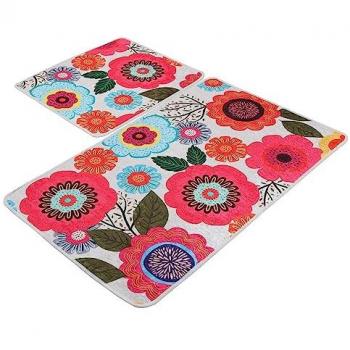 Set de Alfombras de Baño Suaves y Cómodas con Diseño de Flores Rosas, Azules y Naranjas (2 Piezas)