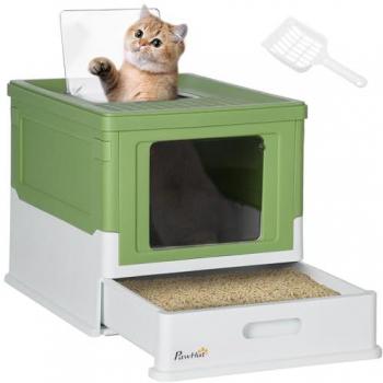 Arenero Plegable para Gatos con Cubierta Desmontable, Bandeja Extraíble, Techo Abatible y Pala - 47,5x35,5x36,7 cm