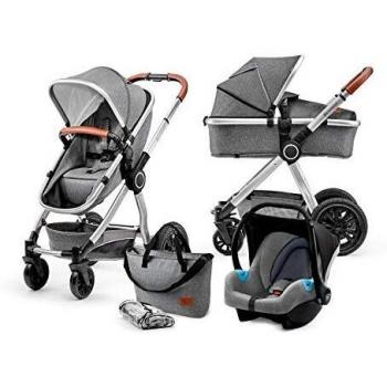 Kinderkraft Carrito Bebé 3 Piezas VEO, Silla Paseo, Asiento Coche, Capazo, Plegado, Gris