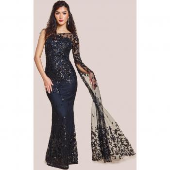 Black Sequin Mesh One Shoulder Evening Maxi Dress