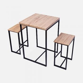 Juego de mesa alta cuadrada Loft con 2 taburetes de bar, color negro, dimensiones 60x60x88 cm, material acero y madera