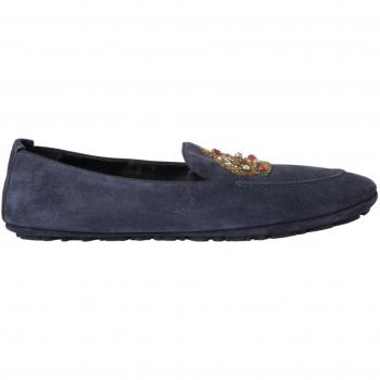 Dolce & Gabbana Blue Leather Suede Crystal Crown Loafers Shoes - EU40/US7