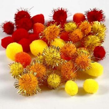 Pompones 15+20 mm, Naranja, Rojo, Amarillo, 48 Ass., 1 Paquete