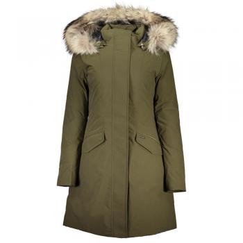 Woolrich Green Long Hooded Jacket with Removable Fur Hood - Women's Parka, Size L