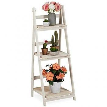 Estantería Plegable para Plantas de Interior y Balcón, Soporte de Flores en Madera, Diseño Shabby-Chic, 3 Niveles, Blanco - Relaxdays