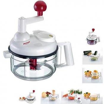 Westmark Procesador manual de alimentos, 9 en 1 Cortadora, ralladora, escofina, cortadora, prensa de cítricos, separador de yema de huevo, Acero inoxidable/plástico, Blanco/transparente/rojo,97142260