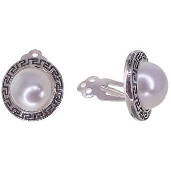 Pendientes Inmaculada Romero Dibujo Greca 16 Mm Plata Ley 925m Perla Cierre Clip Mujer