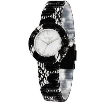Reloj Hip Hop Lace para Mujer - Encaje Blanco - Movimiento Solo Hora - Correa de Silicona Negra