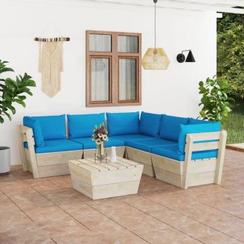 Muebles de jardín de palets 6 piezas con cojines de madera de abeto