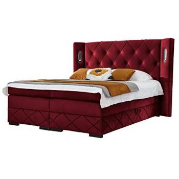 Cama Boxspring Continental Baltimore 160x200 con LED, Doble, Arazzo Rojo, Dos Cajones de Almacenamiento y Somieres